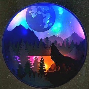 wolf howling moon forest mountains scenery papercutting 3d shadowbox shadow box light SVG PNG DXF digital Cricut template Personal b image 1