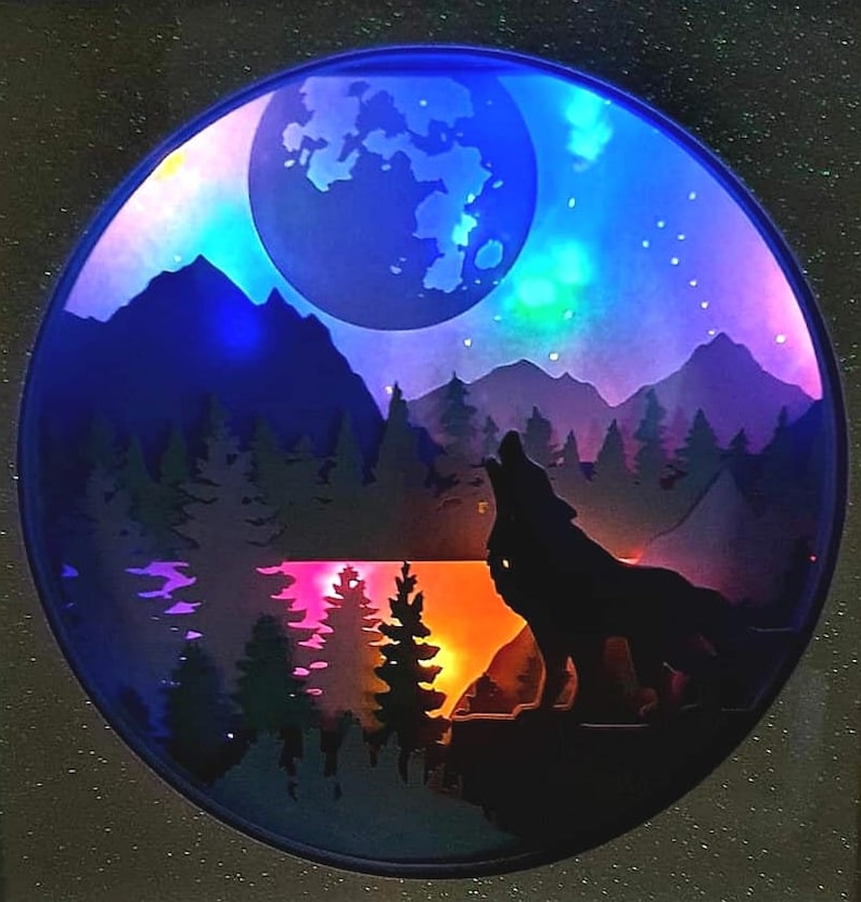 wolf howling moon forest mountains scenery papercutting 3d shadowbox shadow box light SVG PNG DXF digital Cricut template Personal b image 1