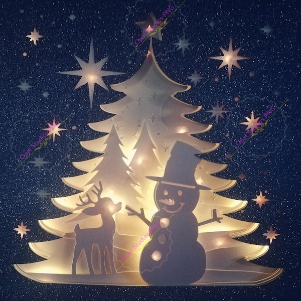 muñeco de nieve ciervo helado corte de papel de Navidad 3d shadowbox caja de sombra caja de luz SVG PNG DXF digital Cricut plantilla- comercial