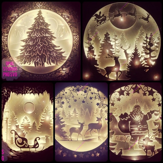 5 design bundel Vintage kerst schaduw herten santa box licht doos papercutting 3d shadowbox SVG PNG DXF digitale Cricut template commercial