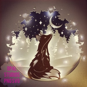 3d Fox and the moon shadowbox svg baby nursery woodland animals nature papercutting 3d shadow box light box SVG/PNG/DXF digital Cricut