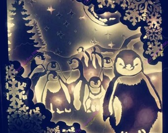 fluffy penguin christmas winter papercutting 3d shadowbox shadow box light box SVG PNG DXF digital Cricut template - commercial