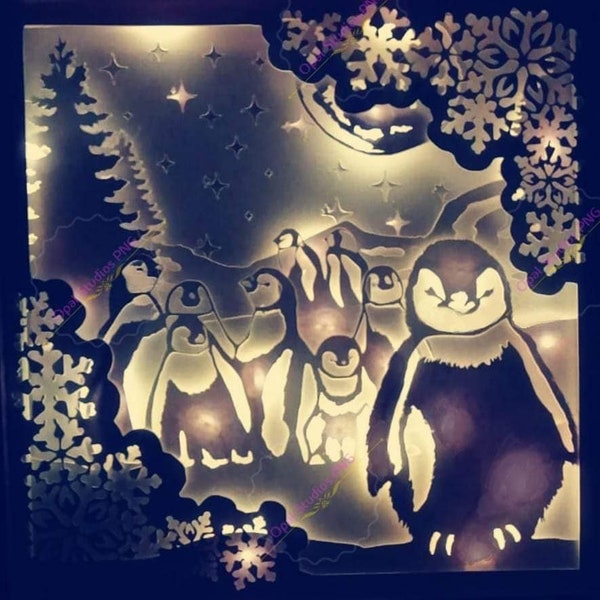 fluffy penguin christmas winter papercutting 3d shadowbox shadow box light box SVG PNG DXF digital Cricut template - commercial