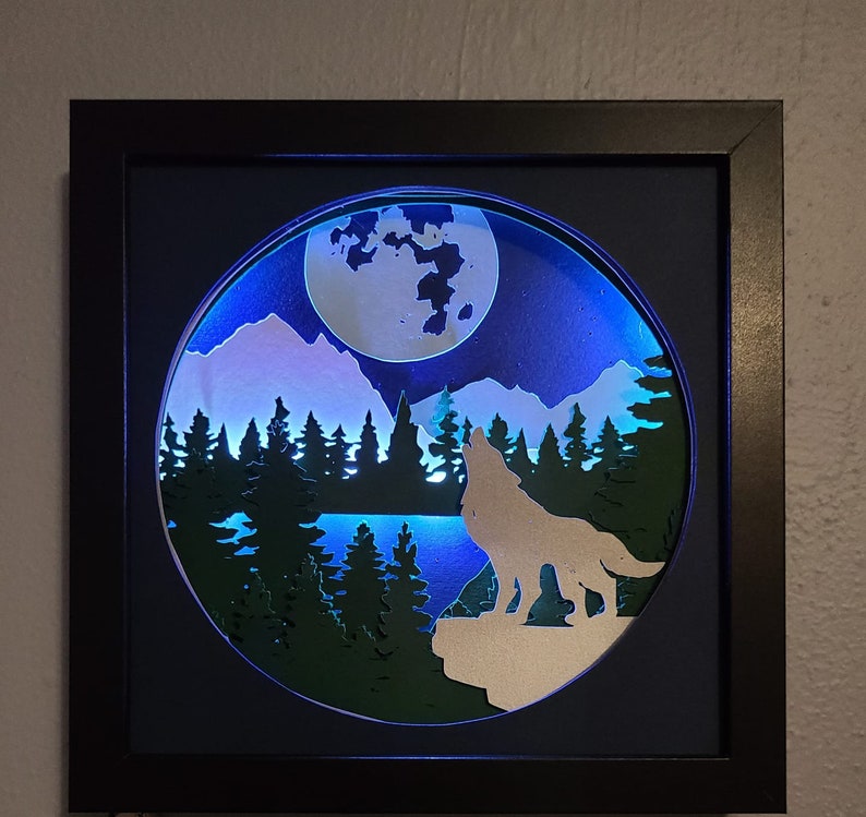 wolf howling moon forest mountains scenery papercutting 3d shadowbox shadow box light SVG PNG DXF digital Cricut template Personal b image 5