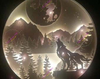 wolf howling moon forest mountains scenery papercutting 3d shadowbox shadow box light SVG PNG DXF digital Cricut template- Personal b