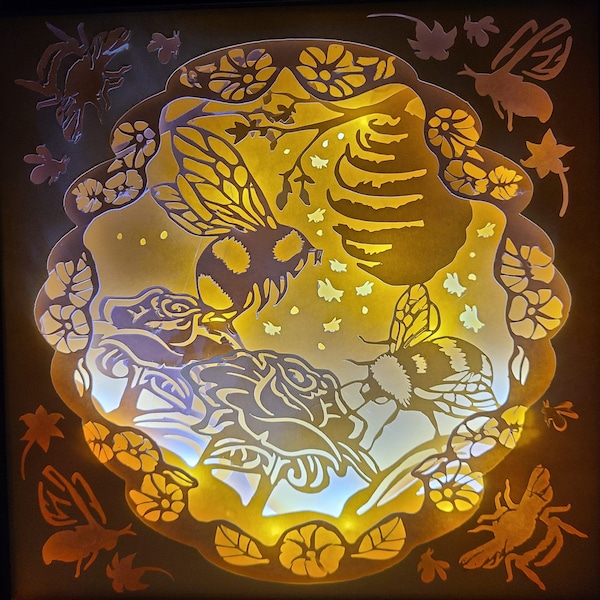 bumble bee honey bee roses bee-kind fantasy nature wildlife paper cutting 3d shadowbox shadow box light SVG PNG DXF digital commercial