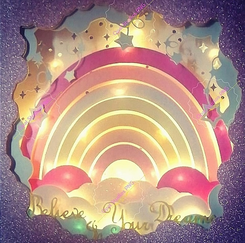 believe in your dreams rainbow sky pretty girl birthday shadow box light papercutting 3d shadowbox SVG PNG DXF digital commercial