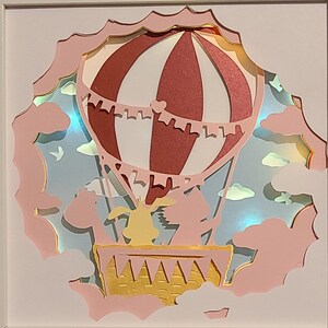 globo aerostático bebé guardería animales nubes conejito gato volando 3d caja de sombras caja de sombra luz SVG / PNG / DXF digital Cricut plantilla personal