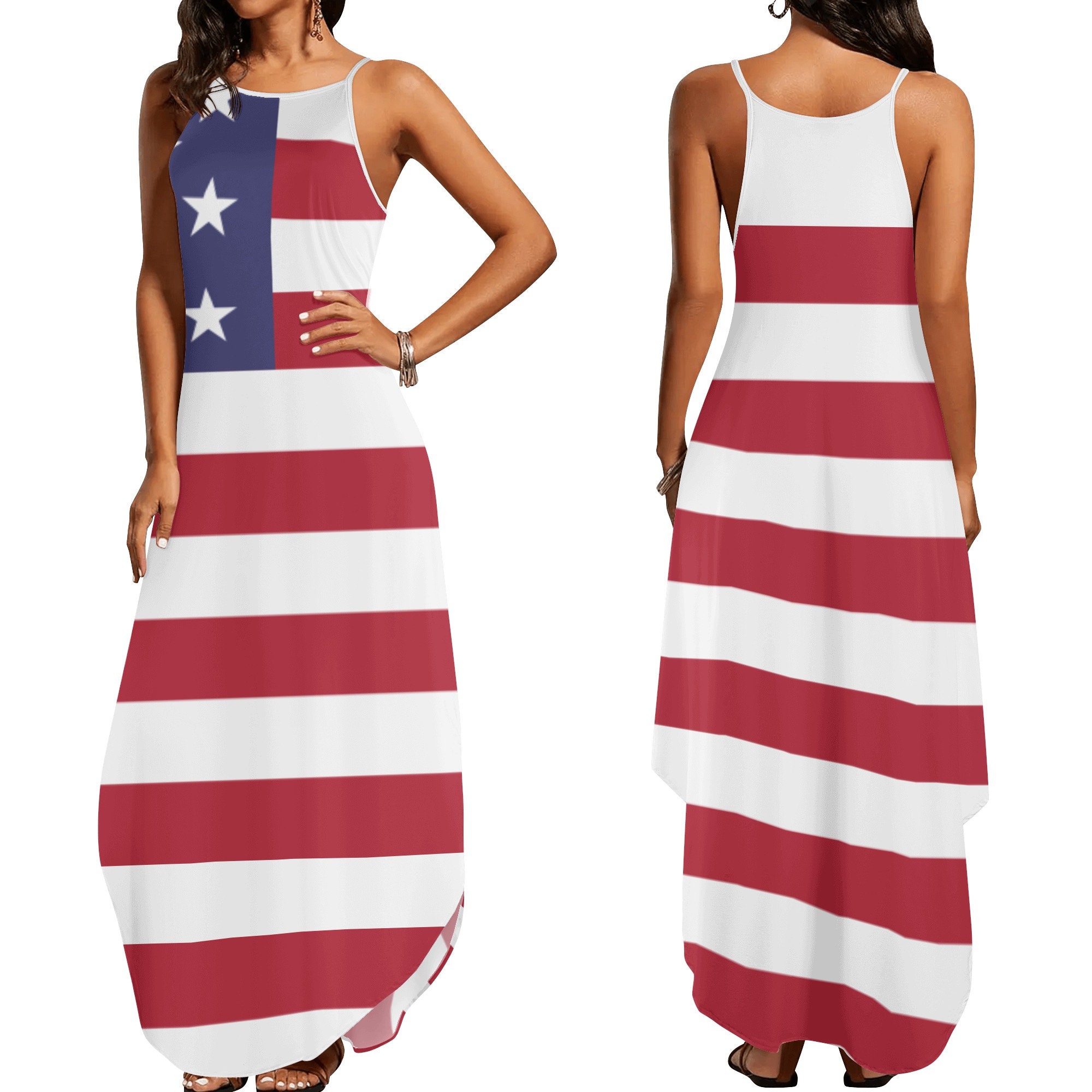 Wycnly Dresses for Women Independece Day Patriotic High Waist Spaghetti  Strap Dresses for 4th of July Sleeveless V-Neck USA Flag Print Summer Maxi  Formal Dress Blue XXXL 