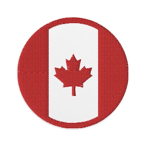 Puede incluir: Un parche redondo bordado en rojo, blanco y rojo con la bandera canadiense. La bandera presenta una hoja de arce roja sobre un fondo blanco.