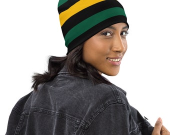 May include: A black, green, and yellow striped beanie. The beanie is made of a soft, stretchy fabric and is perfect for keeping your head warm in the winter.