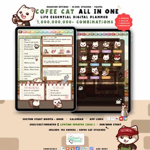 Pastel Coffee Cat Digital Planner 2026 2027, Portrait GoodNotes iPad Android, Undated, Lifetime, Start Any Month + Daily Choose Hour