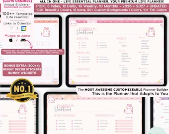 Bunny Digital Planner 2026, 2027, Undated, custom GoodNotes Planner iPad & Android, Pink Kawaii Journal