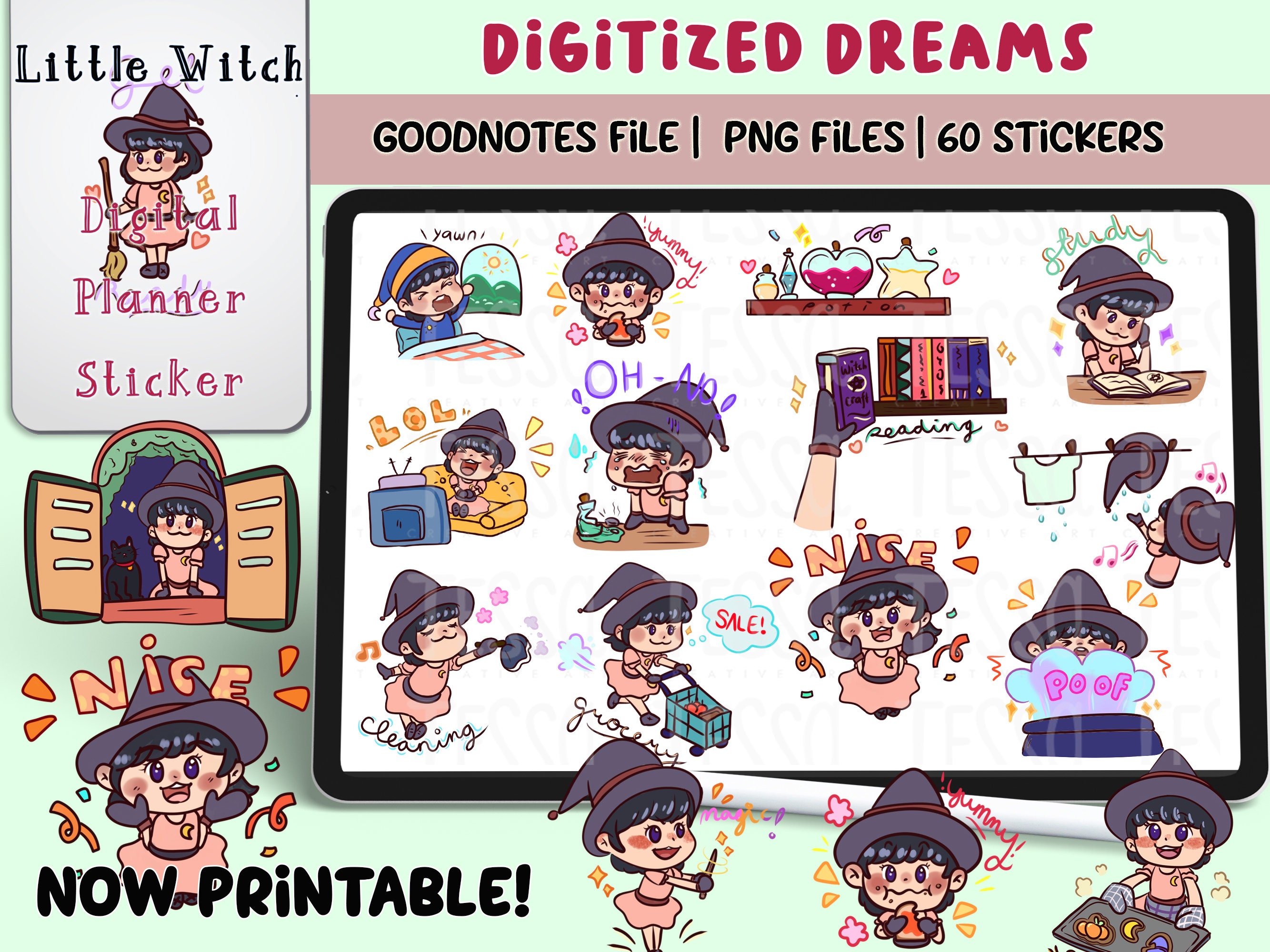 Witch Emoji Digital Stickers: GoodNotes Planner, Chibi Girl PNG (Printable)