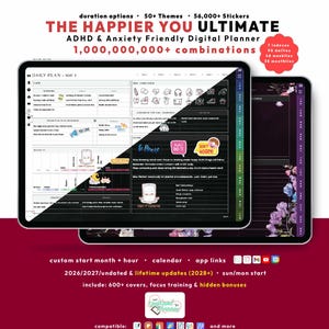 ADHD Digital Planner 2026 2027 Bundle, GoodNotes iPad Android Notability, Undated, Lifetime, Bujo Habit Goal, Start Any Month + Hour