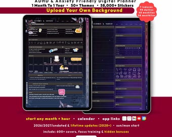 Dark ADHD Digital Planner 2026 2027, GoodNotes iPad Android, Undated, Lifetime, Micro Habit Tracker, Start Any Month + Hour