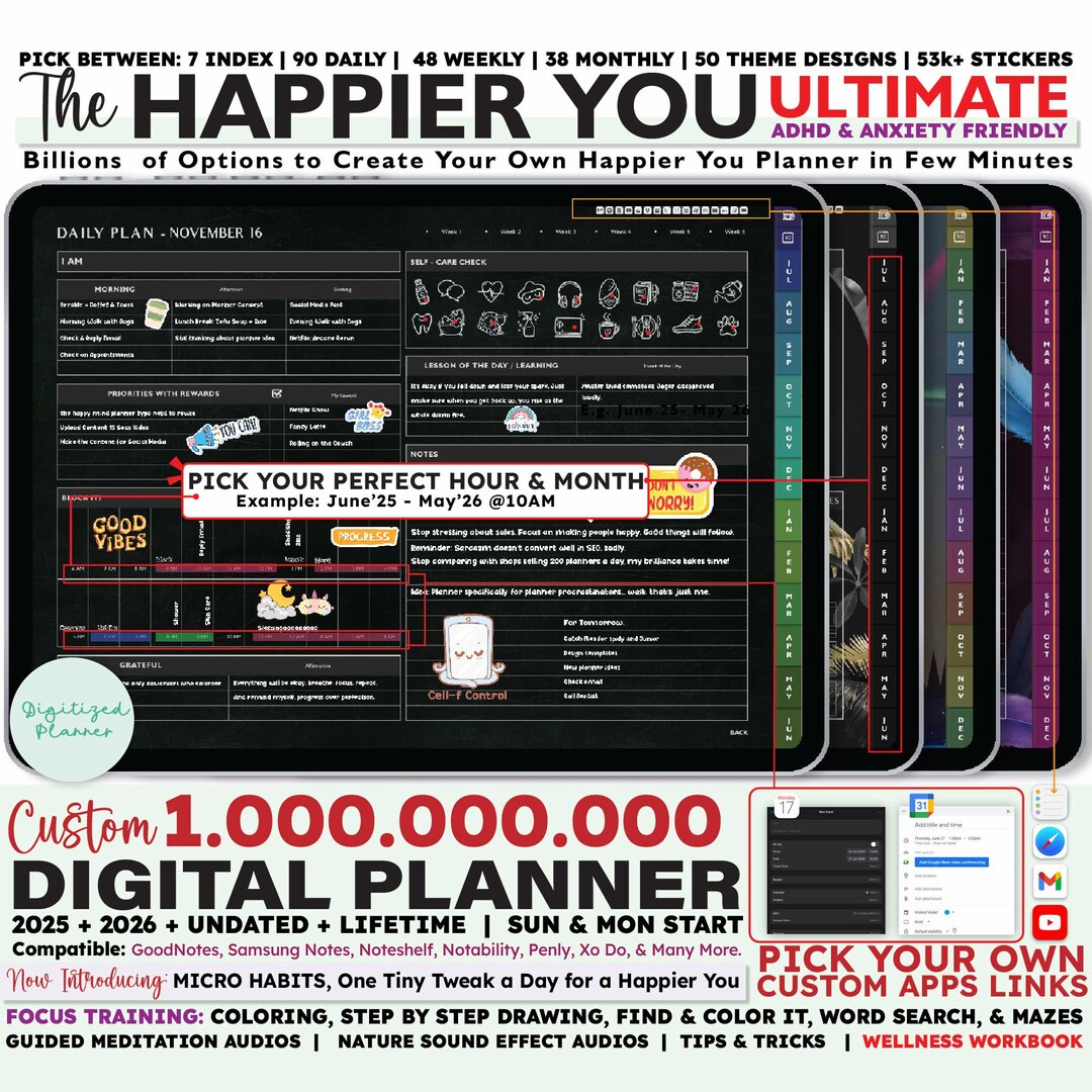 ADHD Dark Digital Planner 2025 2026 Undated: Custom Daily iPad ...