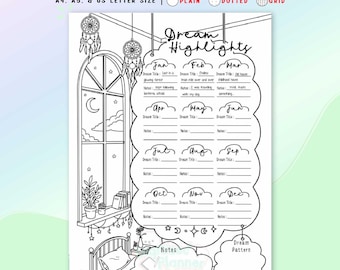 Dream Highlight Tracker Printable, Monthly Dream Log, Planner Insert Journal Page A4 A5 Letter