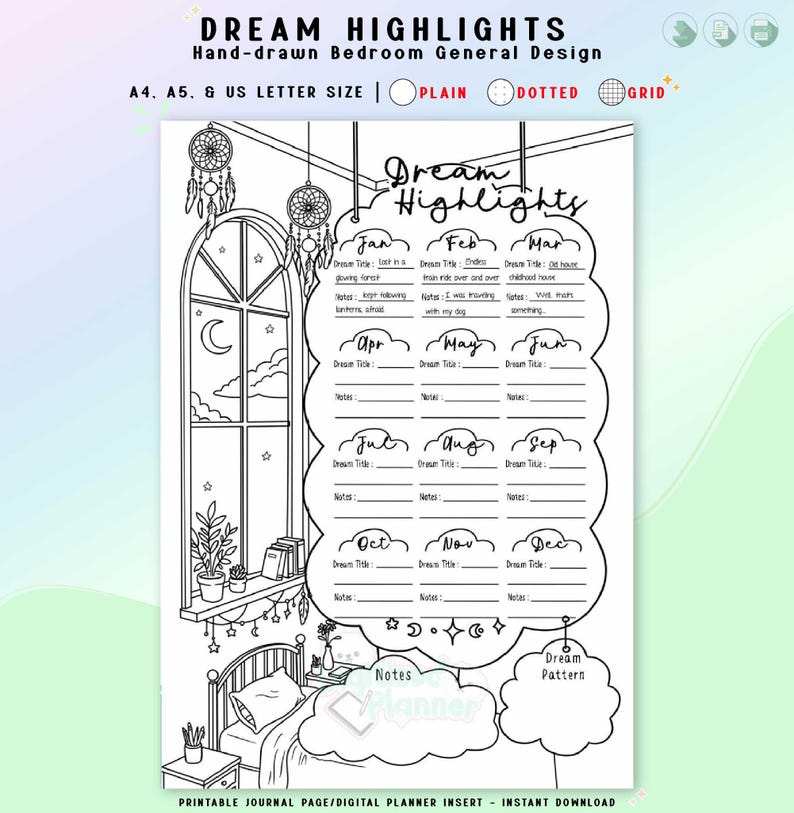 Dream Highlight Tracker Printable, Monthly Dream Log, Planner Insert ...