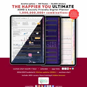 ADHD Digital Planner 2026, Undated, Lifetime Bundle Dark/Light Portrait, Custom iPad GoodNotes Planner