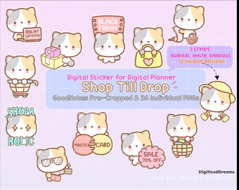 May include: A set of 12 digital stickers featuring cute cartoon cats with shopping themes. The stickers include phrases like "Shop Till Drop", "Black Friday", "Mastercard", and "Sale 70% Off".
