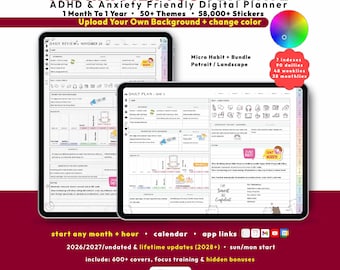 Custom ADHD Digital Planner 2026 2027, GoodNotes iPad Android Bundle, Undated, Lifetime, Anxiety Journal, Habit Goal, Start Any Month + Hour