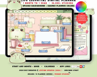 Frog Digital Planner 2026 2027, Kawaii GoodNotes iPad Android, Undated Lifetime, Start Any Month, Choose Hour, All in One