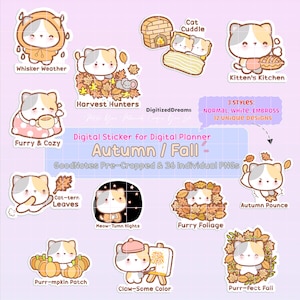 Kitty Autumn Digital Sticker Pack, Kitty Cat GoodNotes Stickers, kitty funny digital planner sticker, cute falls printable planner sticker