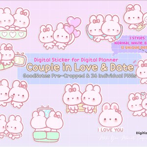 May include: Digital planner stickers featuring 12 unique designs of cute cartoon couples in various poses. The stickers are available in three styles: normal, white, and embossed. The text "Couple in Love & Date" is included in the image.