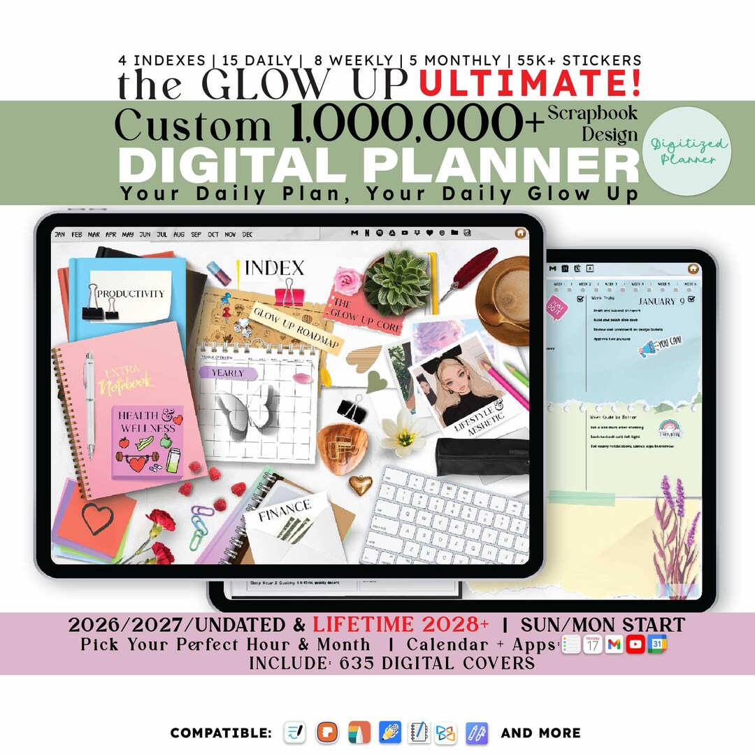 Glow up Digital Planner 2026, 2027, Custom Scrapbook Ipad, Android ...