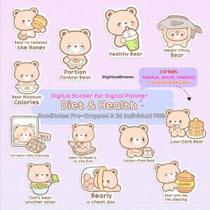 Bear diet Digital Sticker Pack, healthy food GoodNotes Stickers png, food digital planner stickers, cute bear printable planner stickers