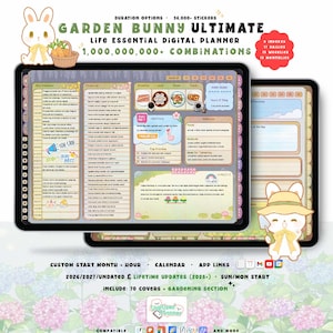 Digital Planner 2026, 2027, Garden Bunny Custom iPad & Android tablet Planners, Daily GoodNotes Templates
