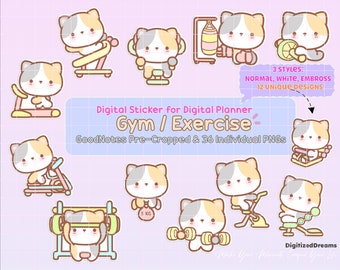 Kitty Cat Gym Stickers, Digital Planner, GoodNotes (PNG)