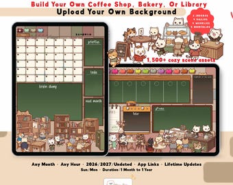 Coffee Cat Cafe Digital Planner 2026 2027, GoodNotes iPad Android, DIY Scene Planners Builder + Stickers, Custom Start Hour + Month