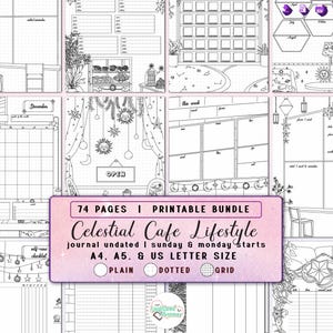 Pagine per Bullet Journal senza data, inserti per agenda digitale stampabile a tema Celestial Café.