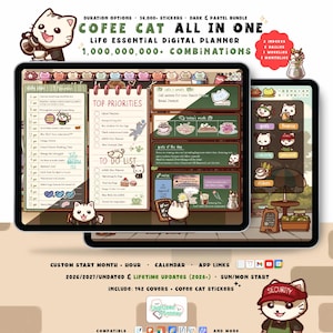 Coffee Cat Digital Planner 2026 2027, Light + Dark Landscape Bundle, GoodNotes iPad, Undated, Lifetime, Start Any Month, Daily Choose Hour