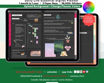 Dark Hobonichi Digital Planner 2026 2027, GoodNotes iPad Android, Techo Daily Journal, Custom Start Any Month + Time