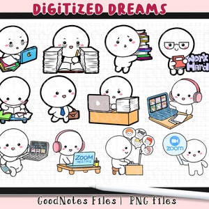 May include: A set of 10 digital stickers featuring cute cartoon characters in various work-related scenarios, including studying, working on a computer, and attending a Zoom meeting. The stickers are in black and white with colorful accents and include text like "Work Hard" and "Zoom Meeting".