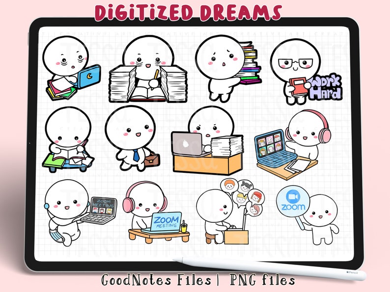 May include: A set of 10 digital stickers featuring cute cartoon characters in various work-related scenarios, including studying, working on a computer, and attending a Zoom meeting. The stickers are in black and white with colorful accents and include text like "Work Hard" and "Zoom Meeting".
