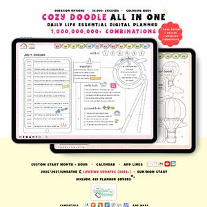 Cozy Doodle Digital Planner 2026 2027, Black and White Bullet Journal, GoodNotes iPad, Android, Undated, Lifetime, Start Any Month + Hour