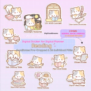 Kitty Cat Reading Digital Stickers for iPad & Android: GoodNotes, Notability Decoration Sticker
