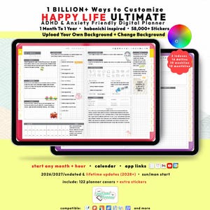 ADHD Hobonichi Digital Planner 2026 2027, GoodNotes iPad Android, Self Care Journal, Brain Dump, Start any Month + Hour, Happy Life Planner