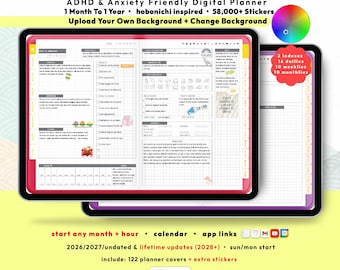 ADHD Hobonichi Digital Planner 2026 2027, GoodNotes iPad Android, Self Care Journal, Brain Dump, Start any Month + Hour, Happy Life Planner