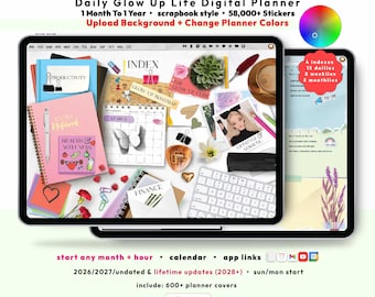 Glow Up Digital Planner 2026 2027, Scrapbook GoodNotes iPad Android, Undated Lifetime, Personal Growth, Daily Start Any Month + Hour
