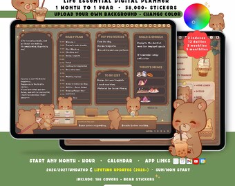 Bear Library Cafe Digital Planner 2026 2027, Dark Landscape GoodNotes iPad Android, Undated, Lifetime, Start Any Month, Daily Choose Hour