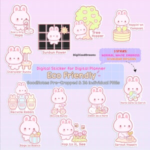 Eco-Bunny Planner Stickers: Kawaii GoodNotes Stickers (Digital Download)