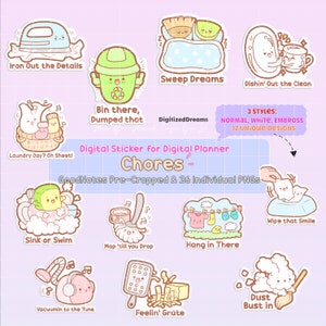 Funny Chores Digital Stickers: Cleaning, Planner Stickers (36 PNG & GoodNotes file)