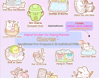 May include: A set of 12 digital planner stickers featuring cute cartoon characters performing various chores, such as ironing, sweeping, and mopping. The stickers are in three styles: normal, white, and embossed. The text "Digital Sticker for Digital Planner Chores" is at the top of the image.