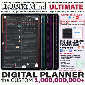 2025 ADHD Dark Digital Planner, Undated, Anxiety Journal Portrait, Custom Planner: 23 Daily, 19 Weekly, 12 Monthly, Android & iPad GoodNotes