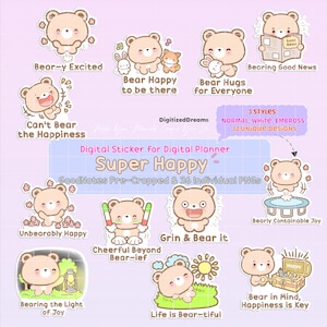 Happy Bear Digital Sticker Pack: GoodNotes Planner PNG (Digital Download)
